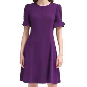 DKNY Size 14 Purple Ruffle Sleeve A-Line Fit & Flare Dress EUC Chic Gold Buttons
